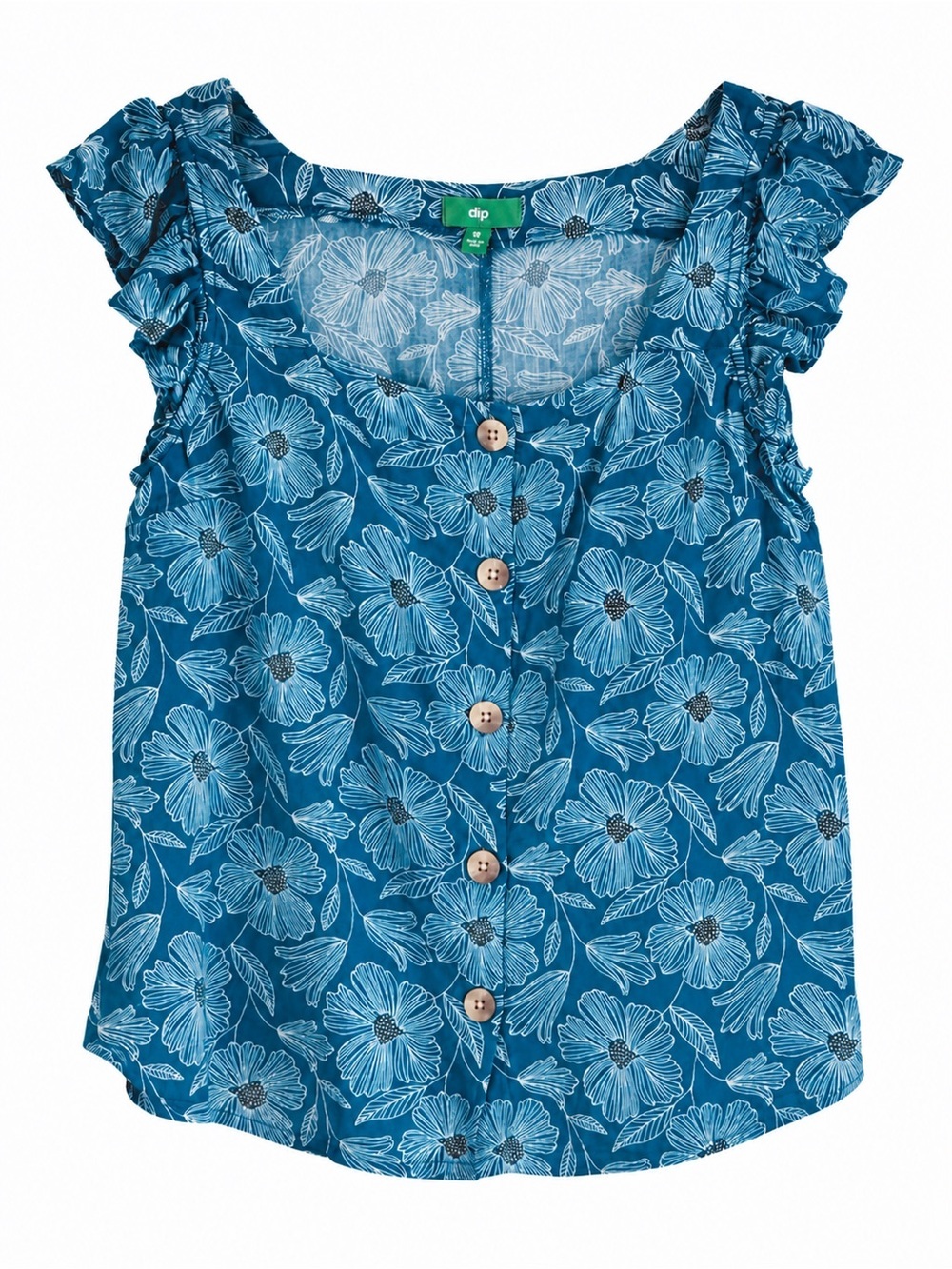 dip Women’s Teal Blue Floral Button-Front Ruffle Sleeve Top